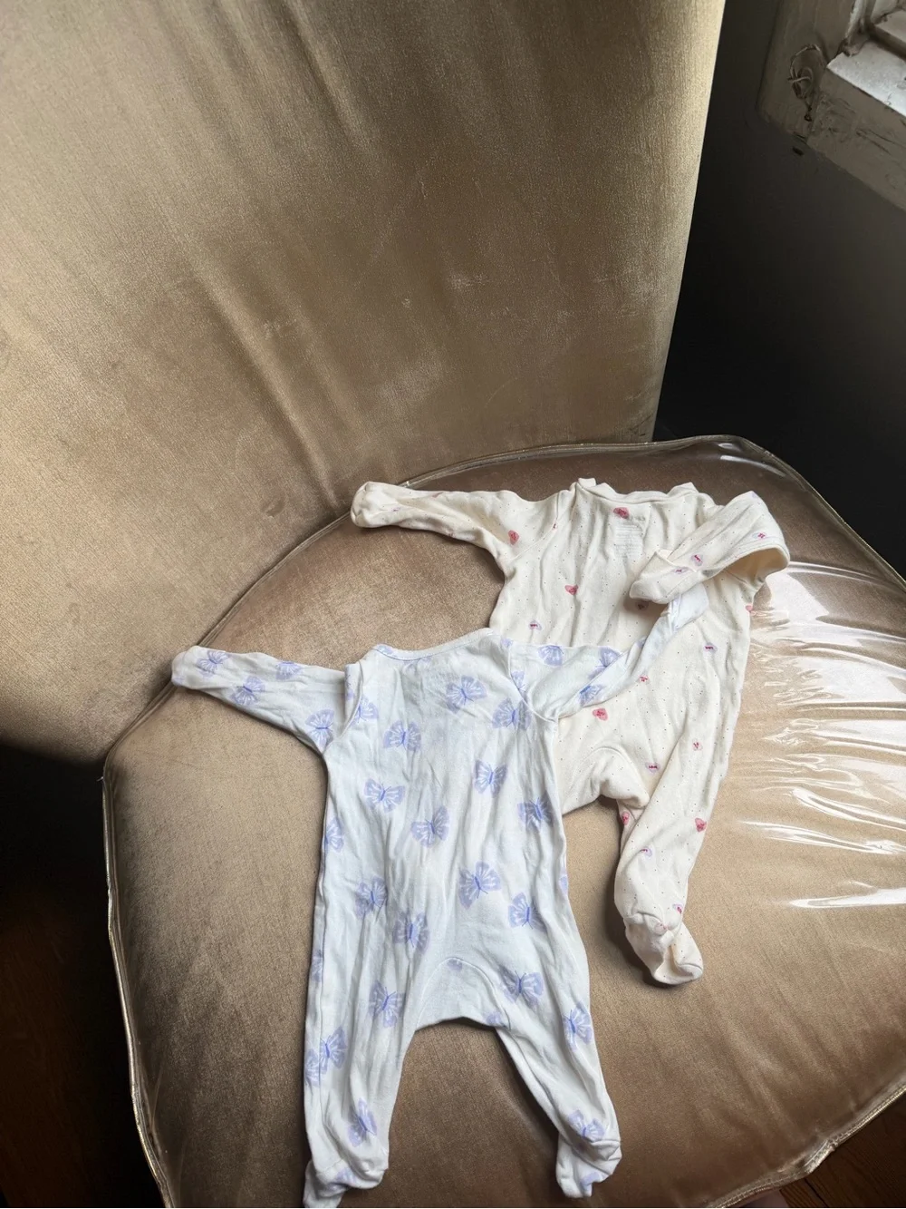 Carter's Cream & White Baby Footed One-Piece Pajamas with Pink and Purple Prints